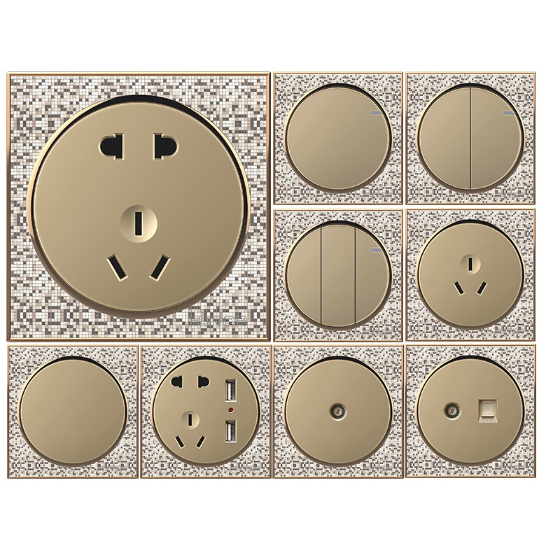 欧奔(EUROB)开关插座面板86型墙壁二三插5五孔家用套餐金色电源插座开关