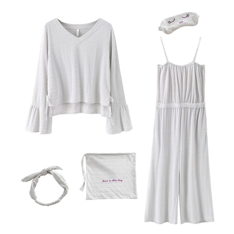 安之伴五件套春夏连体睡衣女夏吊带简约时尚荷叶袖家居服套装