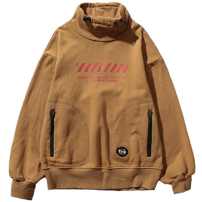 JPK原创国潮秋冬情侣装棕色大码宽松ins高领无帽复古套头卫衣男