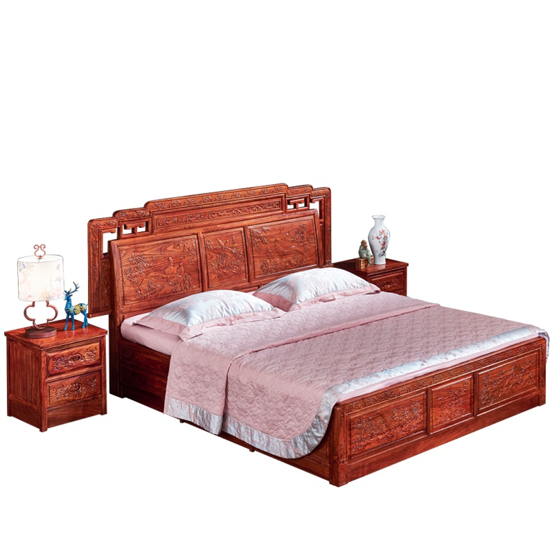 周家庄 红木家具非洲花梨(学名:刺猬紫檀)床 实木床 大床 婚床 国色天香双人床组合 1800*2000mm床(生漆)