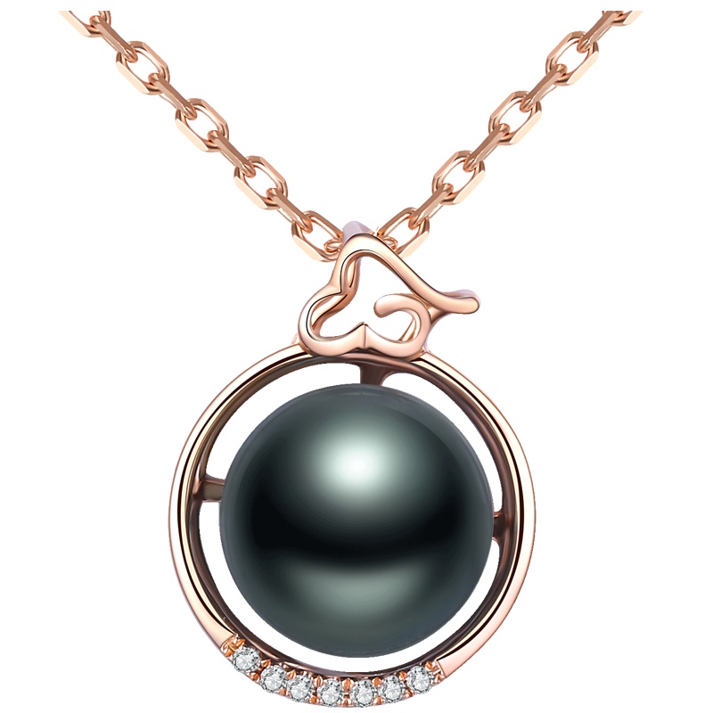 brir 佰色传情 正圆8-9mm大溪地黑海水珍珠吊坠正品女18k金钻石
