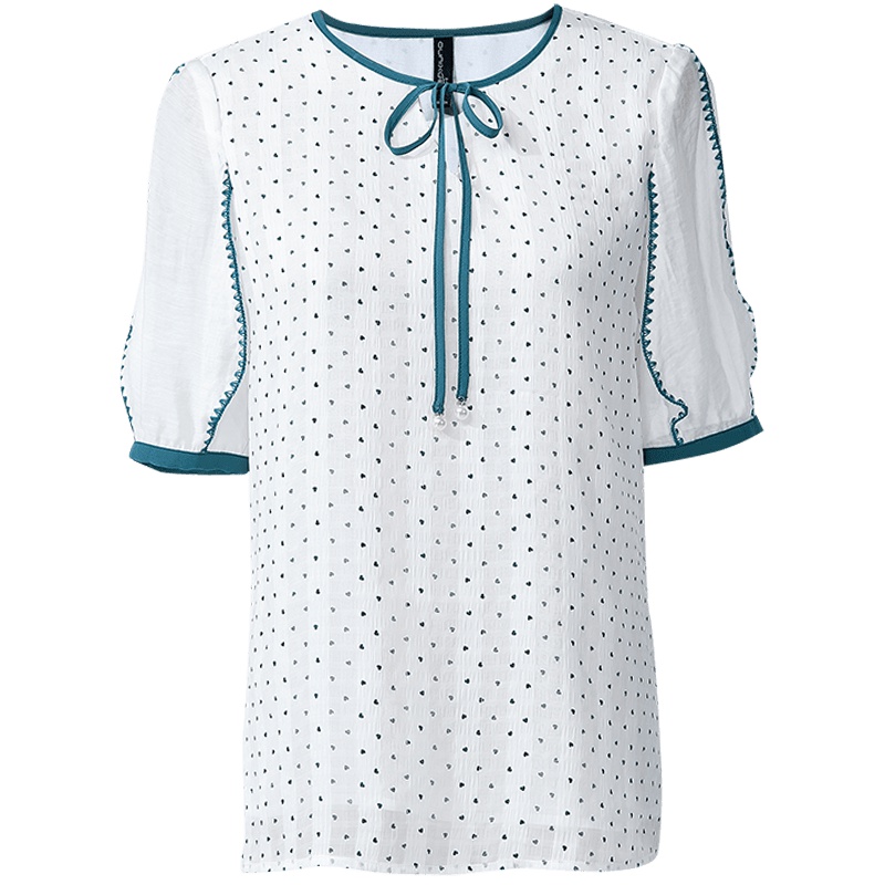 欧昵雪夏季圆领灯笼袖雪纺衫女爱心印花宽松短袖上衣