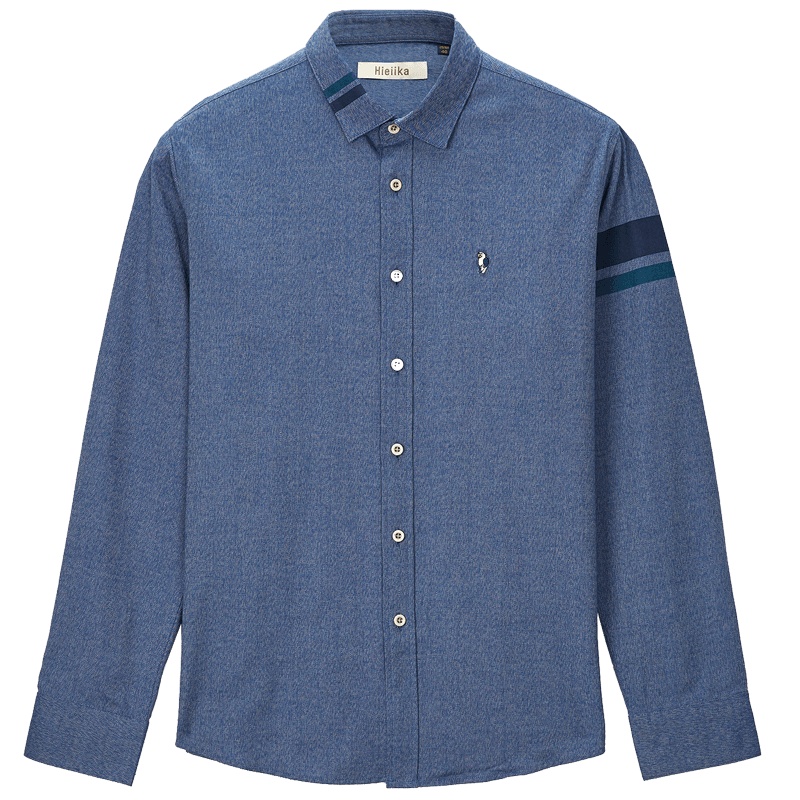 海一家2019秋季男士纯色质感挺括趣味绣标装饰长袖衬衫