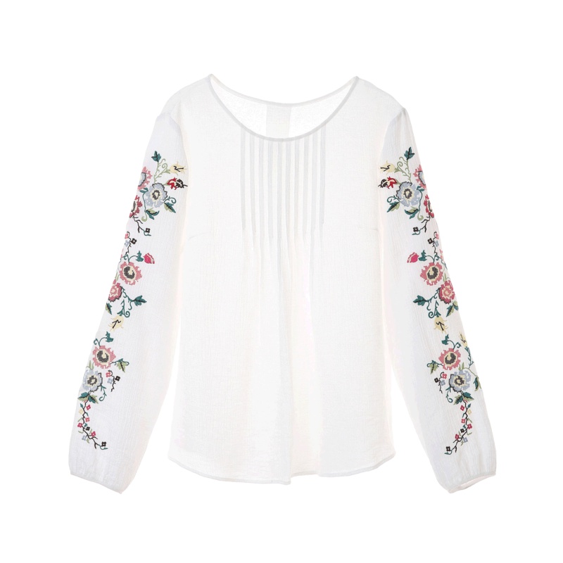 裂帛长袖衬衫新款刺绣文艺百搭学生宽松打底白色衬衣