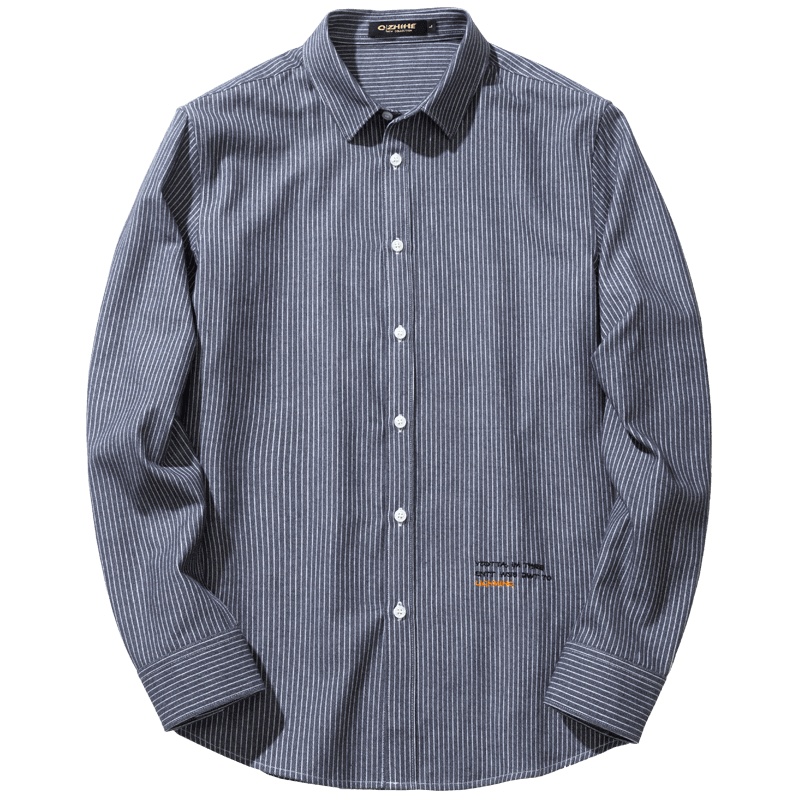 千纸鹤印花修身衬衫男2019春青年男士纯棉条纹休闲长袖寸衣10130