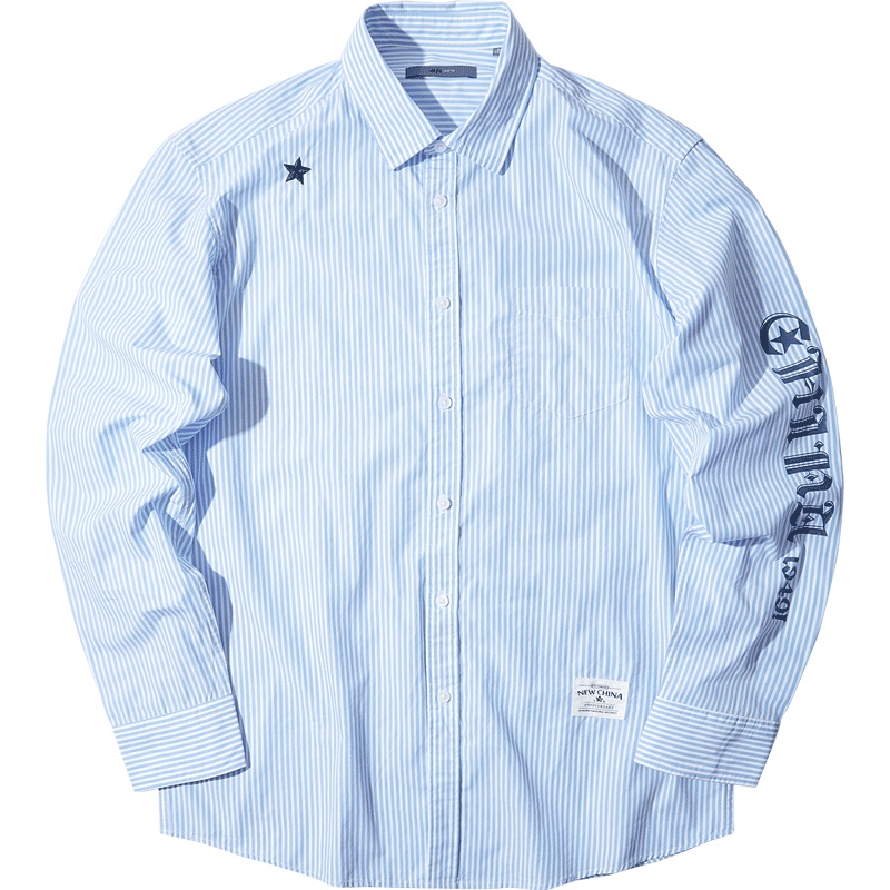 黑鲸清爽条纹衬衫男2019春季男装字母印花长袖衬衣CNEAJ19002A