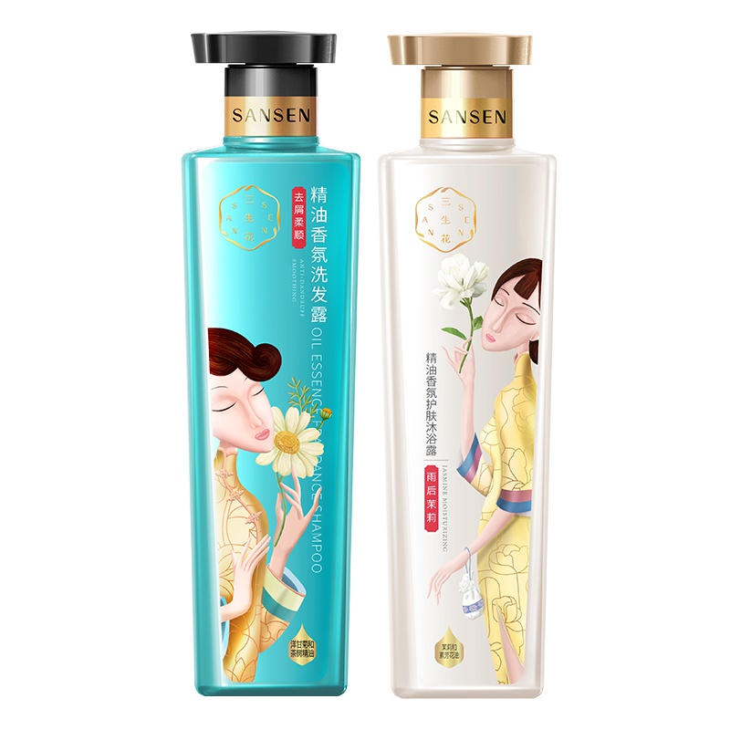 百雀羚三生花洗发水精油香氛去屑柔顺洗发800ml+茉莉沐浴800ml沐浴露洗发露男女通用