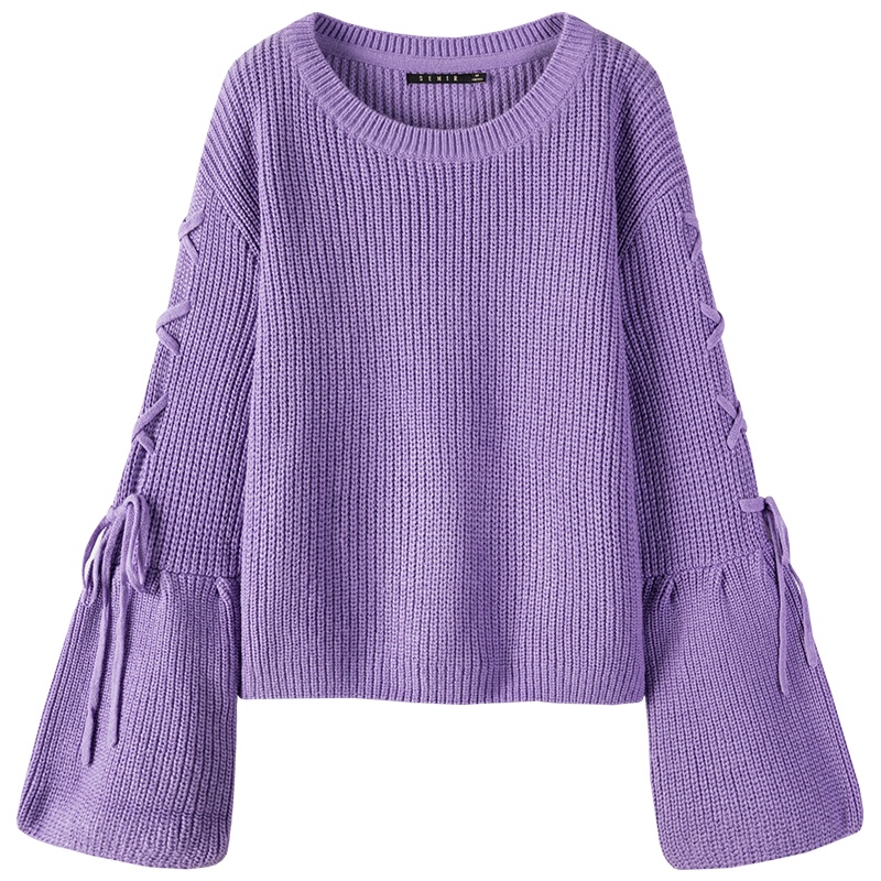 森马毛衫女2019秋冬新款宽松短款灯笼袖绞花圆领落肩袖显瘦毛衣潮