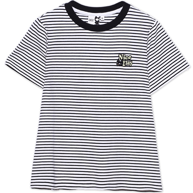 a02新款2020简约刺绣印花休闲圆领短袖条纹T恤女DTV2E0091KT