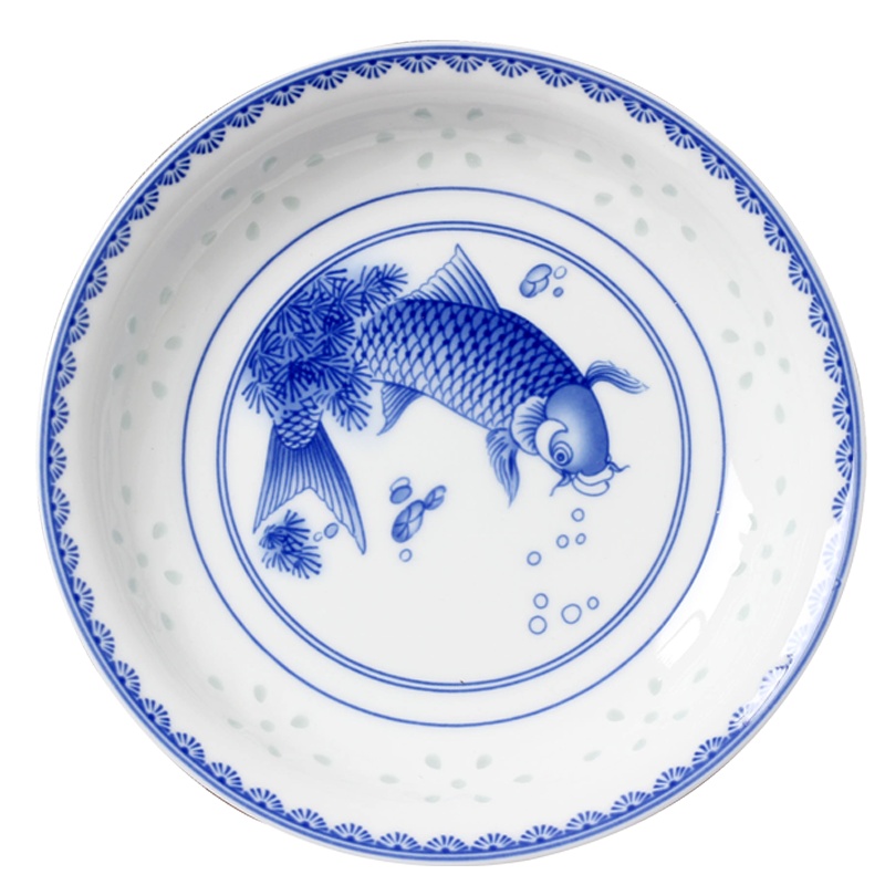 LICHEN 景德镇陶瓷饭盘深菜盘碟子青花玲珑瓷器釉中彩中式年年有余餐具8英寸 优品