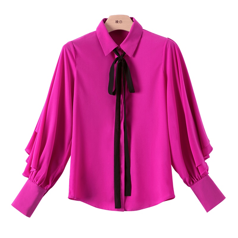 晩白 2020春夏新品时尚纯色POLO领系带蝴蝶结荷叶袖雪纺衫衬衫衬衣女