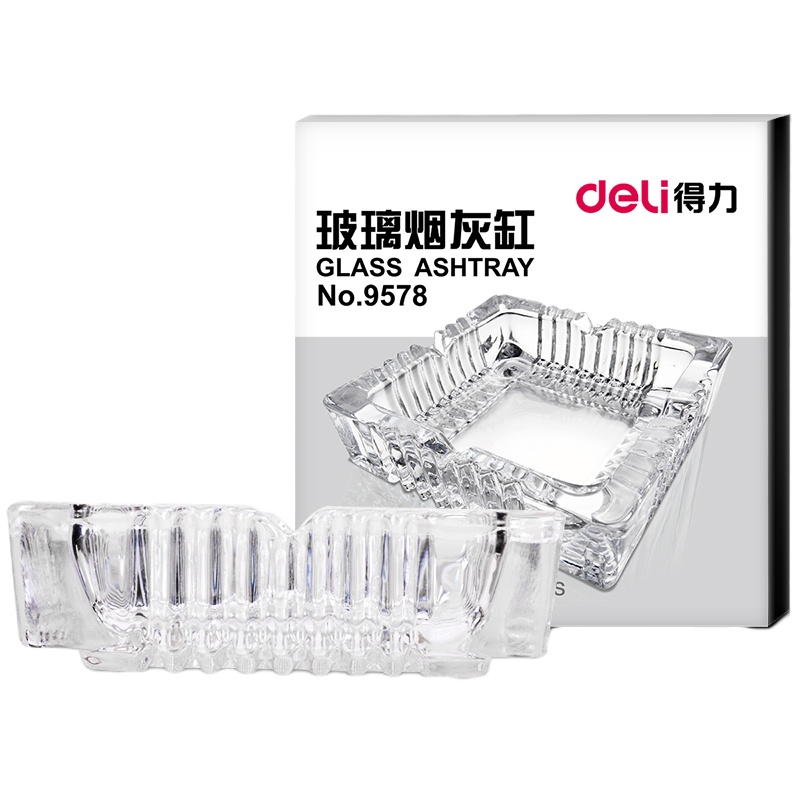 得力(deli)9578 玻璃烟灰缸 中号 120*120*4mm 透明(单位:个)