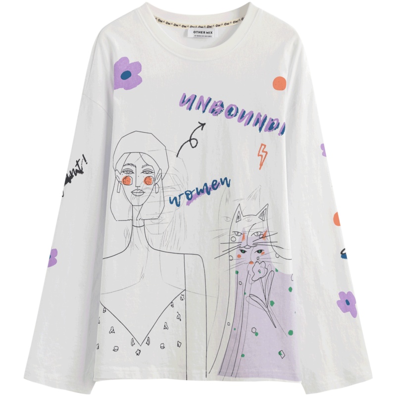 OtherMix喵涂鸦t恤IP联名2021年新款春季长袖女宽松韩版百搭上衣