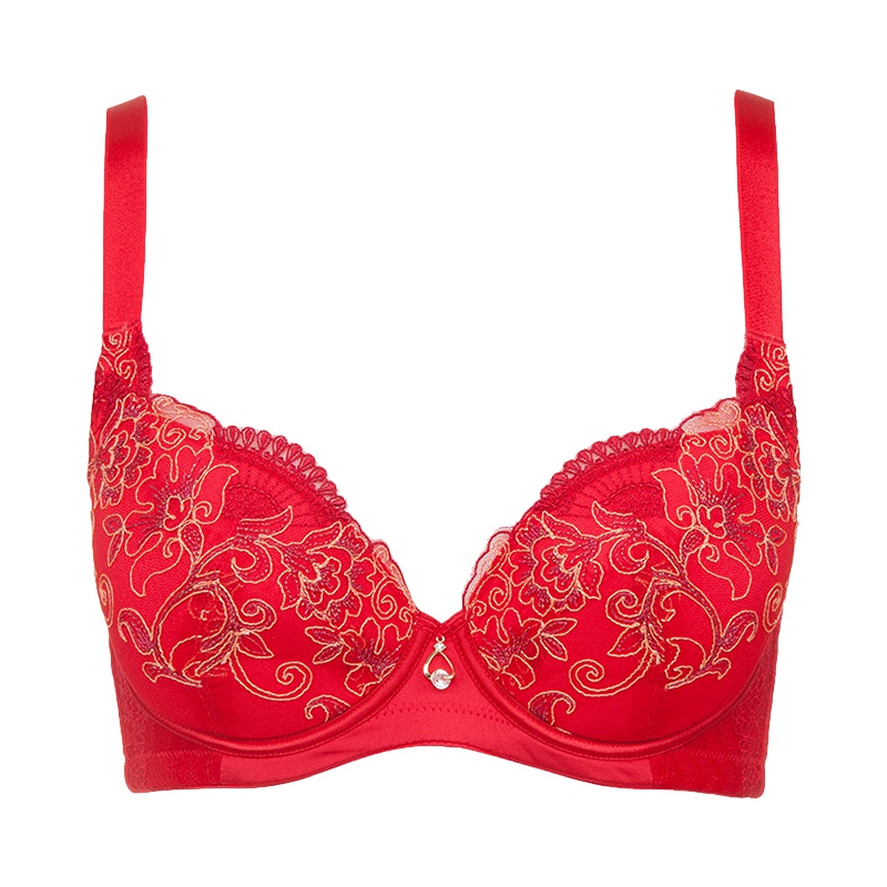 古今大胸高侧比薄款插片红色本命年聚拢美背文胸罩内衣女0G205