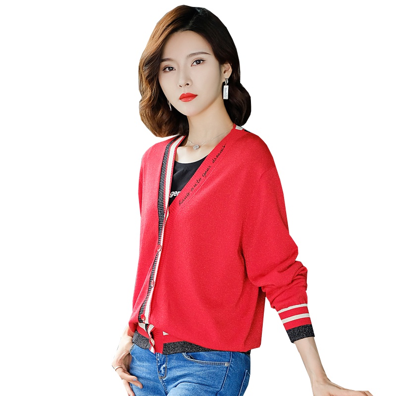 恒源祥女士针织开衫秋条纹新款单排扣开衫时尚毛衣百搭针织外套