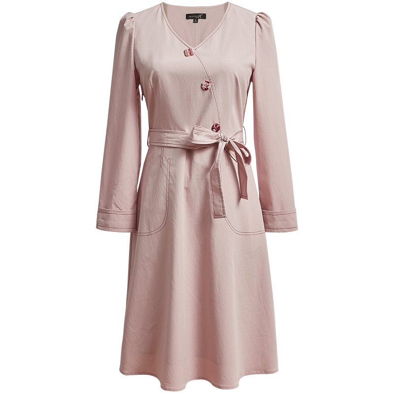 欧昵雪通勤V领收腰显瘦连衣裙女气质高腰九分袖中裙