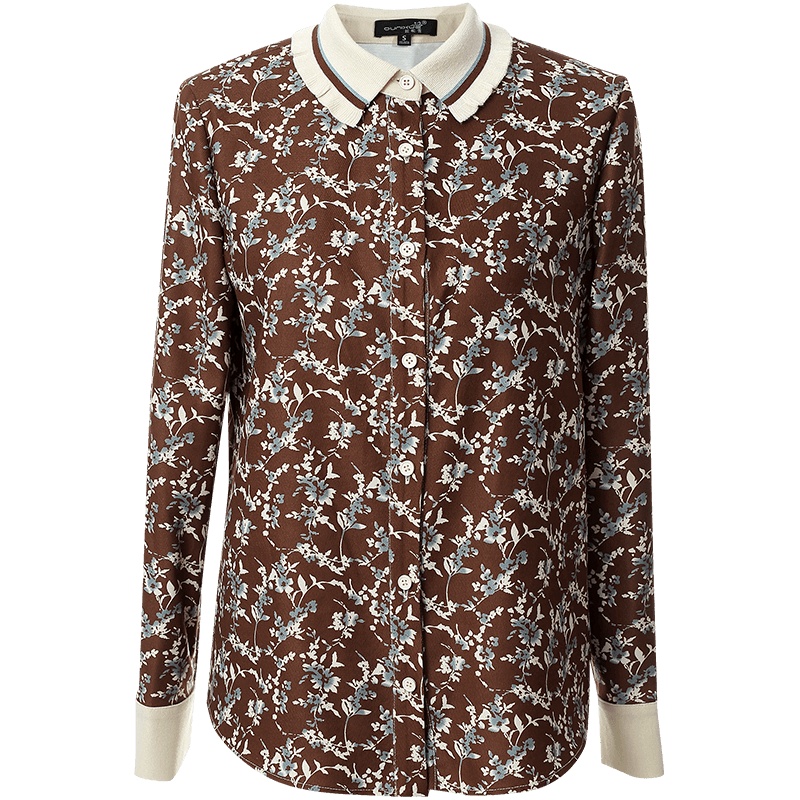 OUNIXUE欧昵雪 | [文艺范碎花衫]秋冬季时髦褶边罗纹翻领长袖直筒衬衫女士