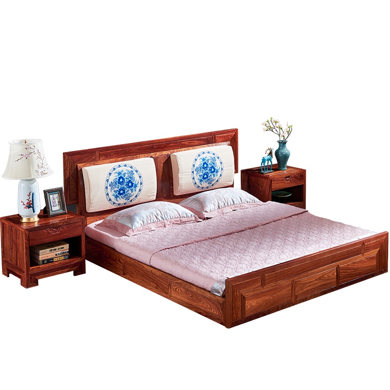 周家庄 红木家具非洲花梨(学名:刺猬紫檀)新中床 实木床 大床 婚床 儒雅双人床组合