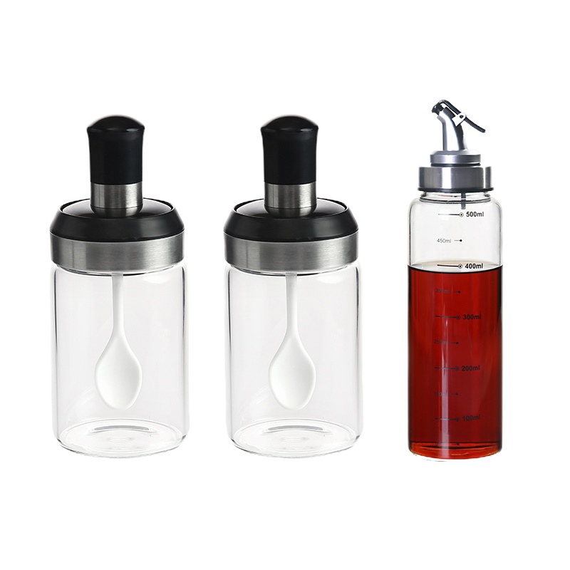 厨房家用勺盖一体调味罐盐味精调料盒玻璃密封调味瓶佐料收纳防 [实用装]勺子款2只装+500ml油壶(送标贴+清洁刷+清洁