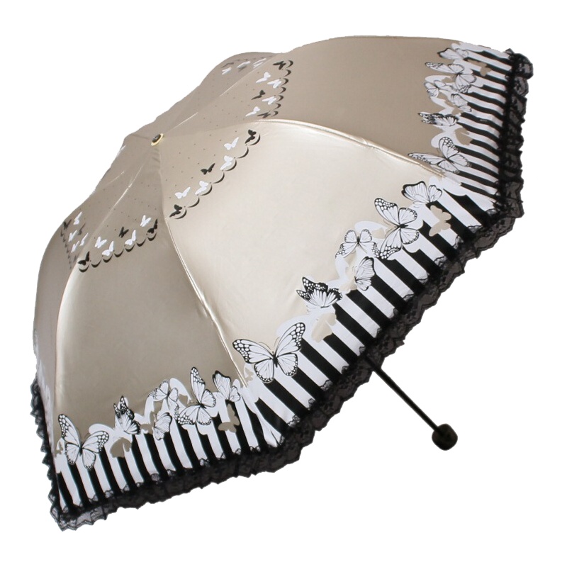 天堂伞 条纹蝴蝶 三折黑涤彩胶防紫外线遮阳伞蕾丝花边公主晴雨伞 L33127E古铜