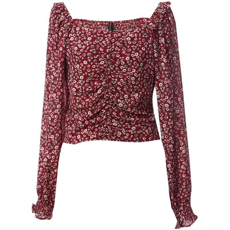 欧昵雪ins方领长袖碎花小衫女收腰显瘦皱褶短款上衣