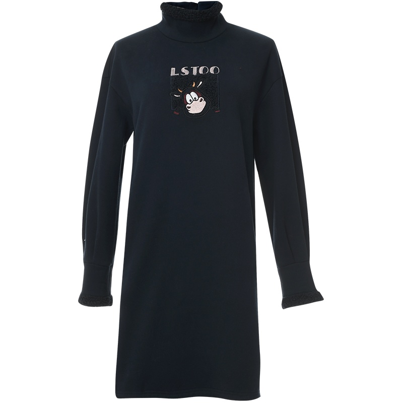 欧昵雪冬装羊羔毛半高领动物字母连衣裙女抓绒显瘦卫衣裙