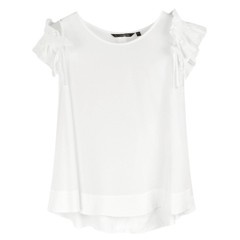 【专柜同款】拉夏贝尔夏木耳边露肩绑带上衣无袖遮肚子雪纺衫洋气小衫10017429 白色 S