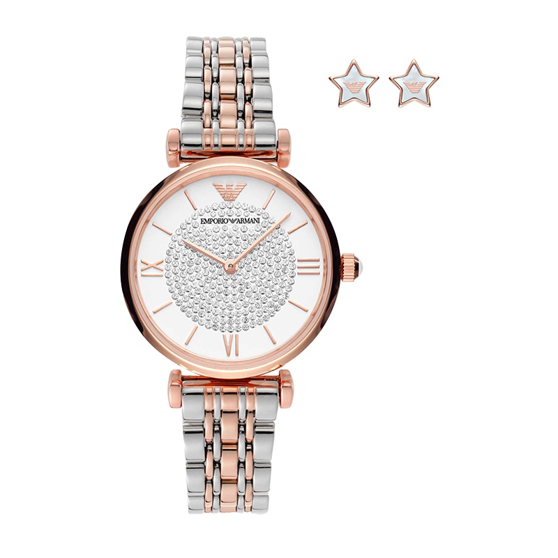 Armani阿玛尼手表满天星钢制表带圆形表女士星星耳钉套装 生日礼物 送女友AR80035
