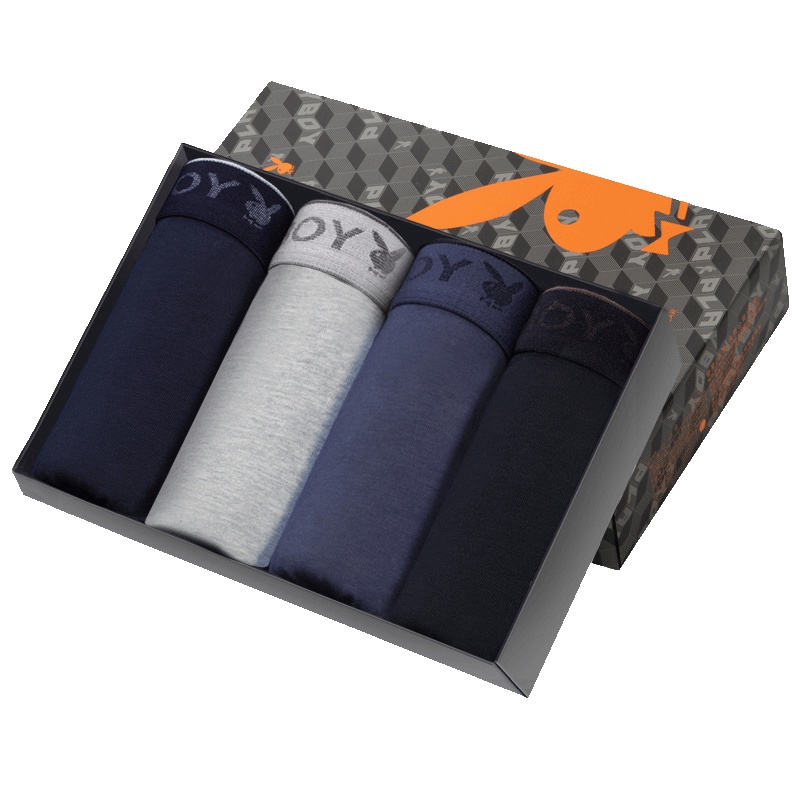 [苏宁自营]花花公子PLAYBOY 男士内裤纯棉透气平角裤4条礼盒装 3707-4