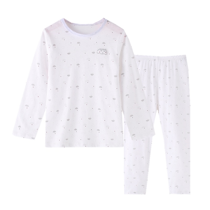 安笛贝乐童装白色印花内衣套装薄款春夏男女通用3-9岁儿童空调服长袖睡衣婴儿童家居服 80-120cm