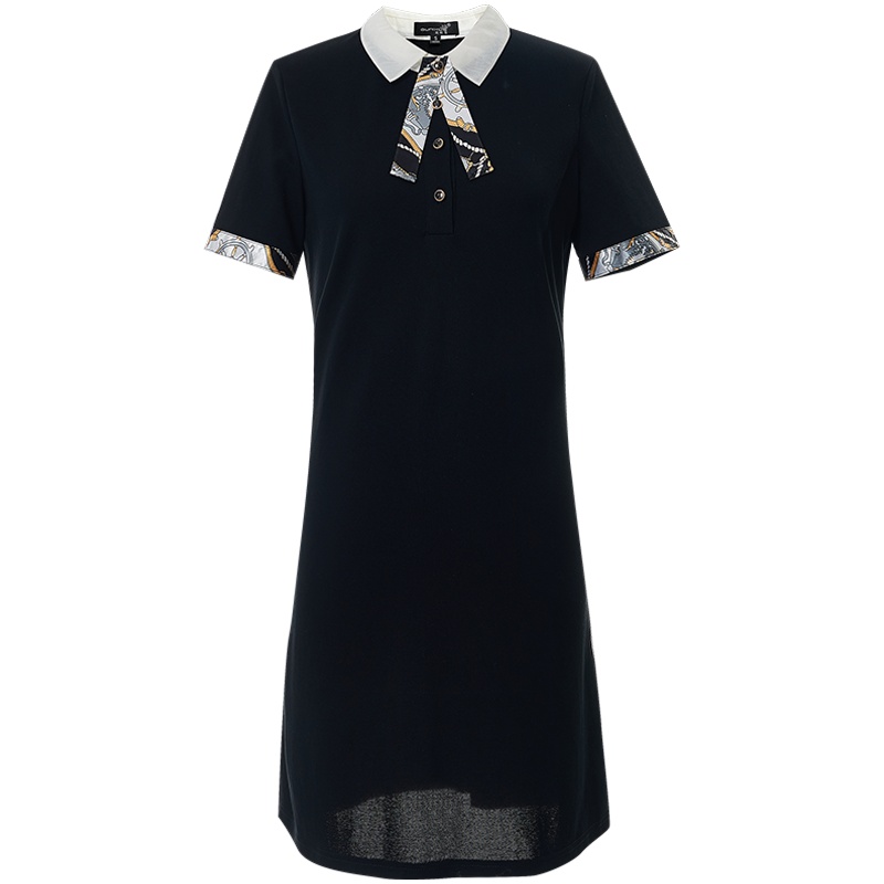 欧昵雪休闲T恤裙夏织带翻领休闲短裙宽松短袖连衣裙女