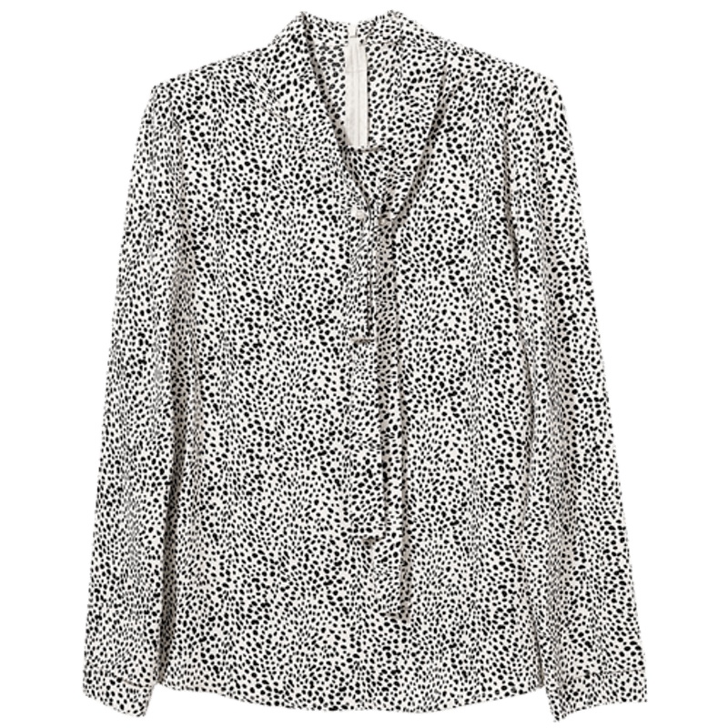 伊布都ibudu2020冬季新款系带V领印花长袖直筒衬衫衬衣上衣女