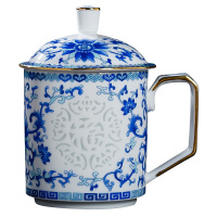 LICHEN 新中式陶瓷茶杯景德镇陶瓷器办公杯大容量500ml玲珑杯描金茶具 蓝色 普通包装