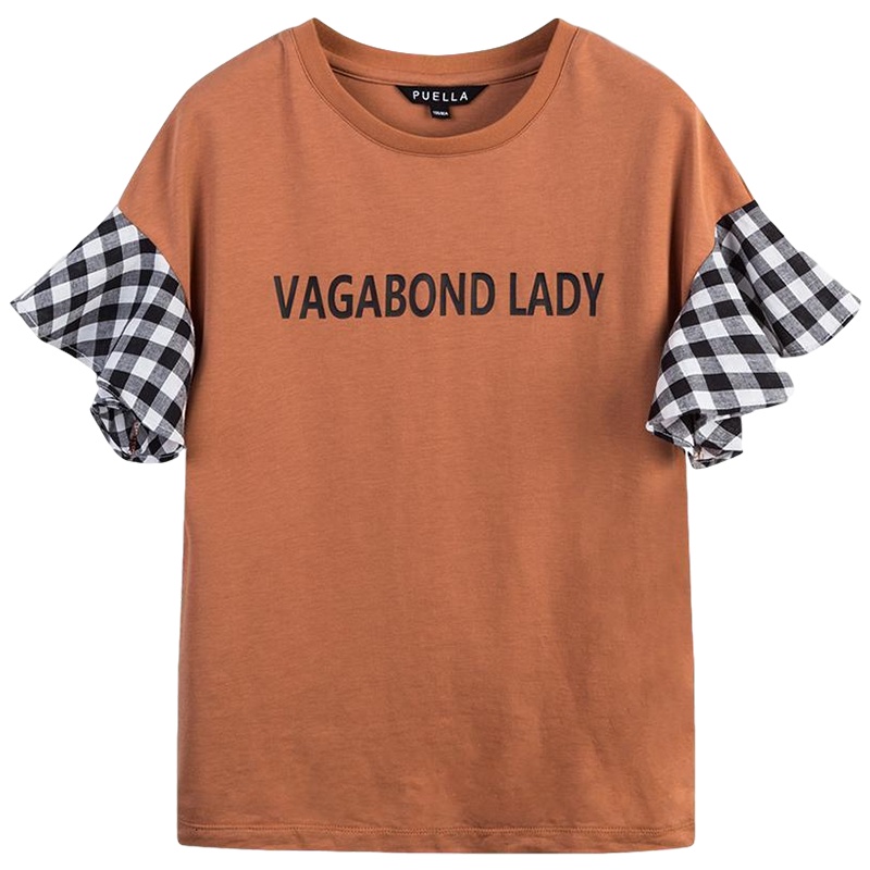 拉夏贝尔格子拼接短袖T恤夏新款女装韩版宽松复古港味简约白色上衣