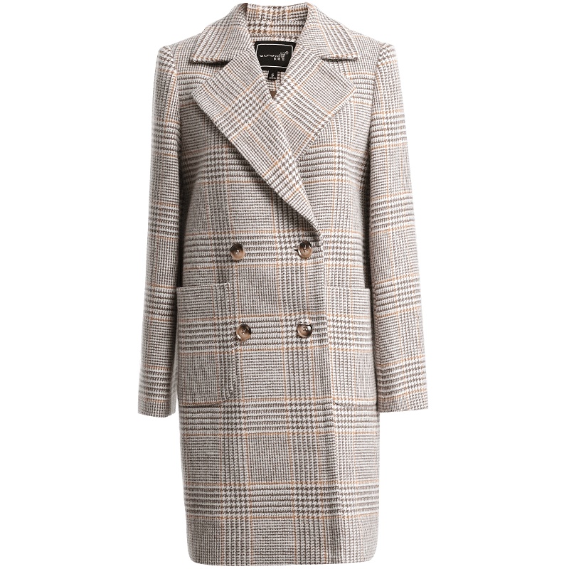 欧昵雪季千鸟格双排扣中长款格子茧型毛呢外套女呢子大衣