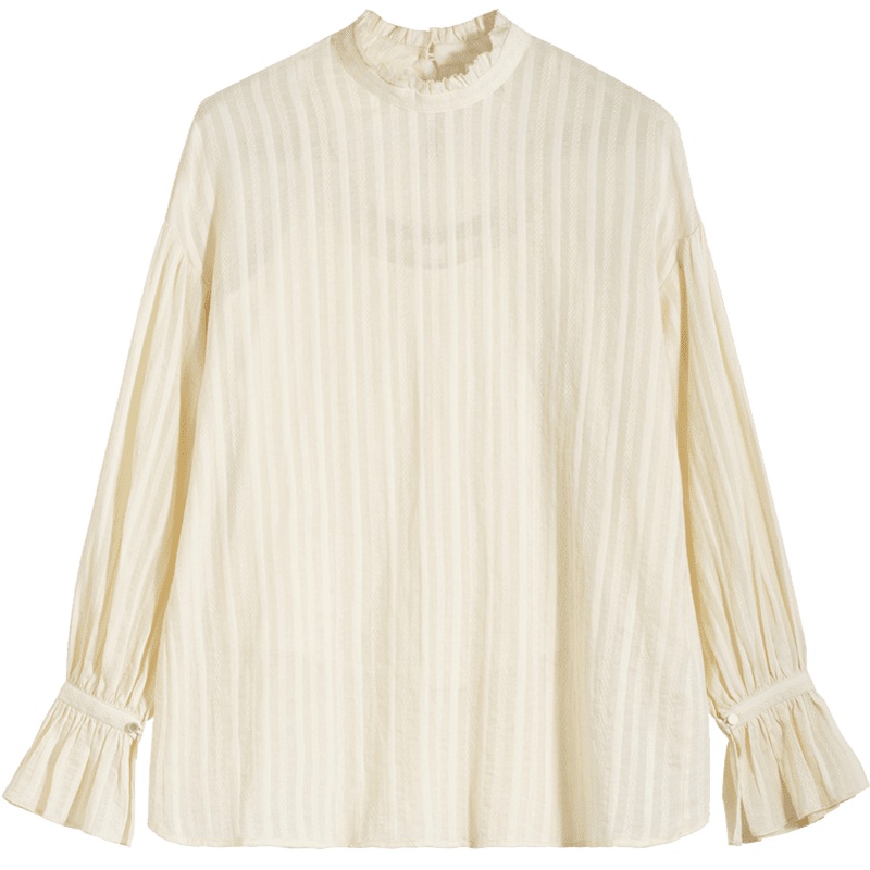 茵曼衬衣2019秋装新款纯棉花边立领条纹杏色喇叭袖衬衫女两件套