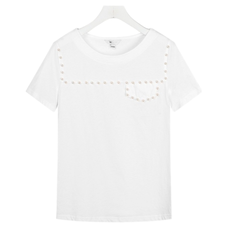 拉夏贝尔新款韩版立体装饰显瘦气质圆领休闲T恤 本白 S