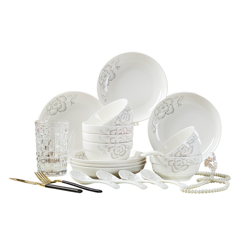 富昱景 碗碟套装 家用陶瓷餐具套装 景德镇 骨瓷碗盘中式碗筷送礼 28件