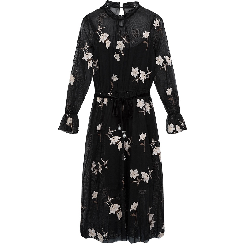 【热卖】法式复古裙两件套山本新款春季黑色长款网纱连衣裙子两件套夏60006397