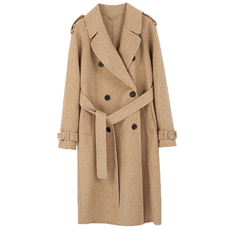 拉夏贝尔韩版宽松显瘦系带赫本时尚中长羊毛毛呢外套女10017694