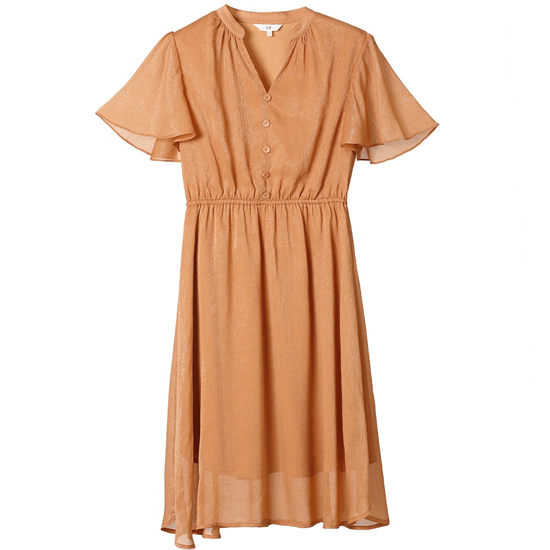 欧莎2019夏装新款法国小众复古裙中长款短袖收腰v领雪纺连衣裙