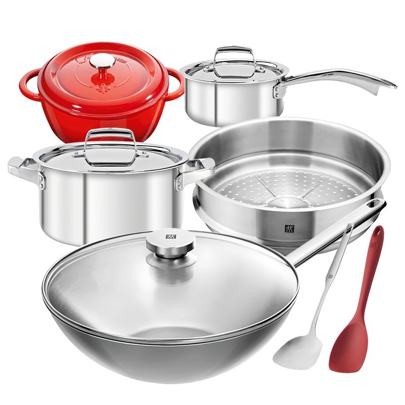 双立人(ZWILLING)Special 30cm中式炒锅7件套 汤锅 奶锅蒸笼 铸铁锅炊具组合