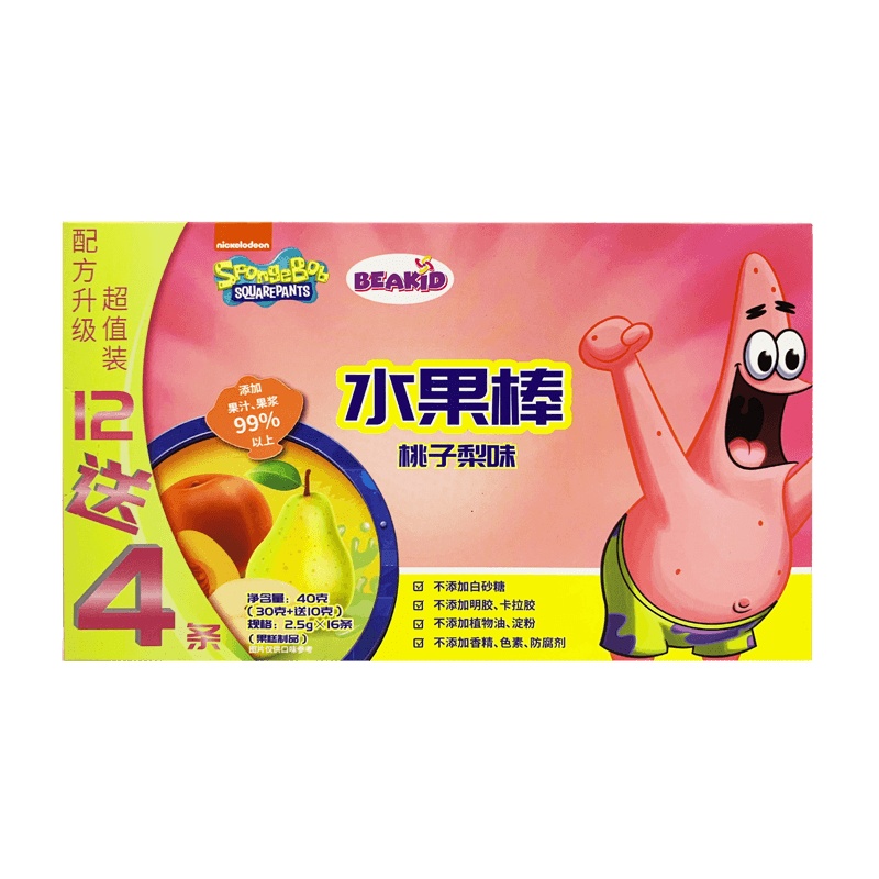 beakid 美国海绵宝宝固体果泥水果棒桃子梨味40g-盒装 零食点心