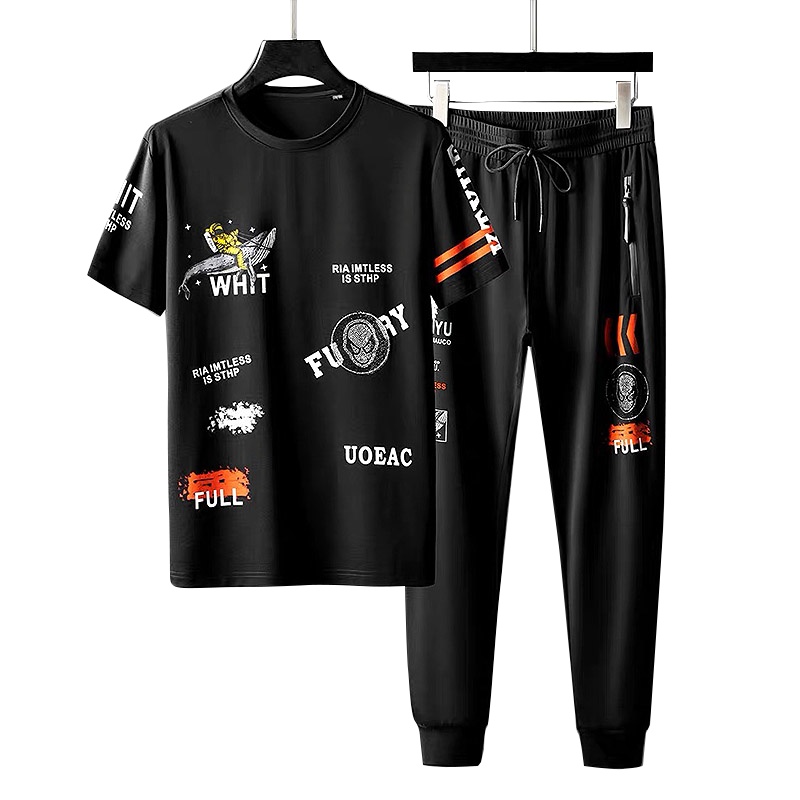 男士烫钻印花休闲运动套装冰丝网红潮牌夏季短袖长裤子速干t恤潮