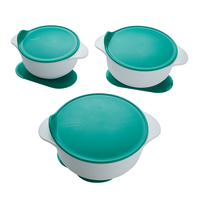 babycare儿童餐具 宝宝强力吸盘碗带盖硅胶防摔婴儿辅食碗三件套 雀湖绿 2083