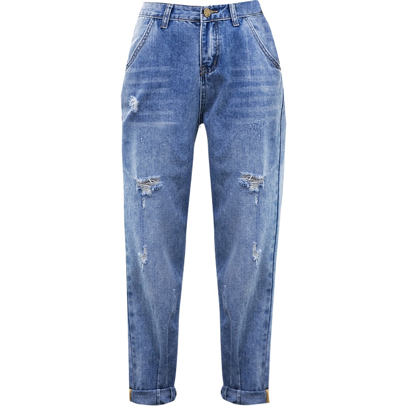 娅丽达女裤2019夏款老爹牛仔裤女哈伦宽松锥形萝卜破洞九分裤子WI2117