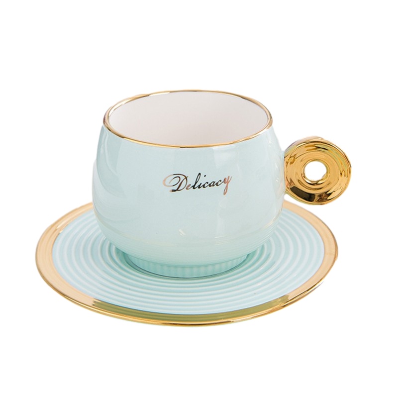 贝瑟斯 奢华描金陶瓷带杯碟勺子套装装下午花茶茶具英式水杯咖啡杯蓝色