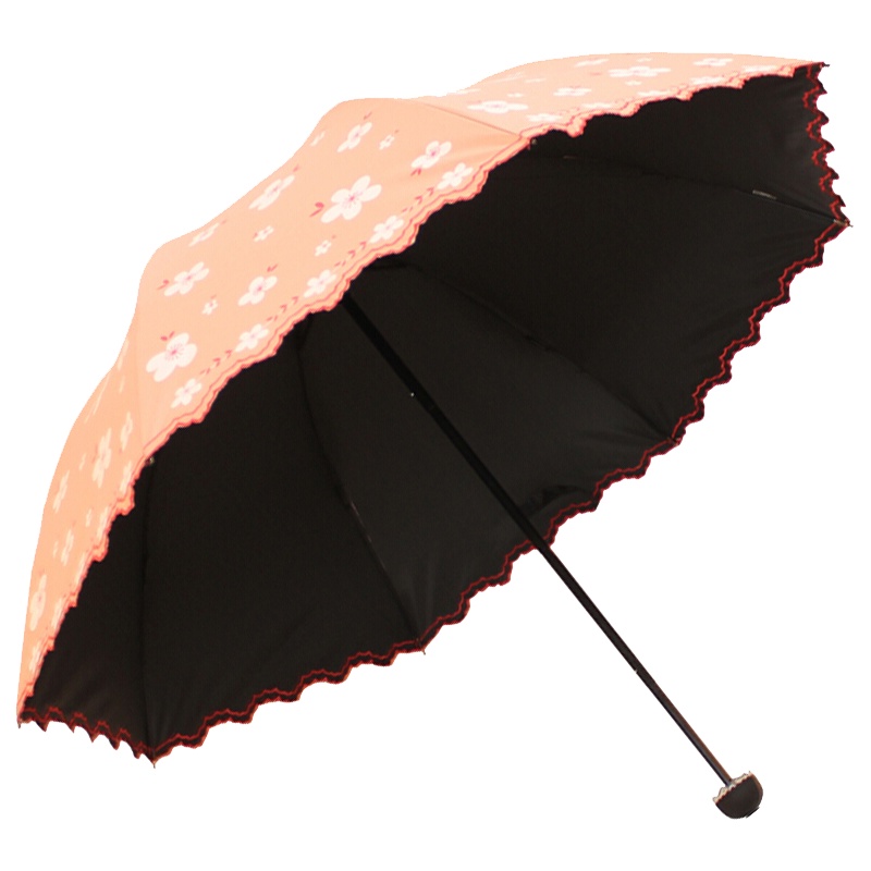 天堂伞 凝脂绸黑胶修花边江南镜花公主三折晴雨伞太阳伞 肤色 36049E