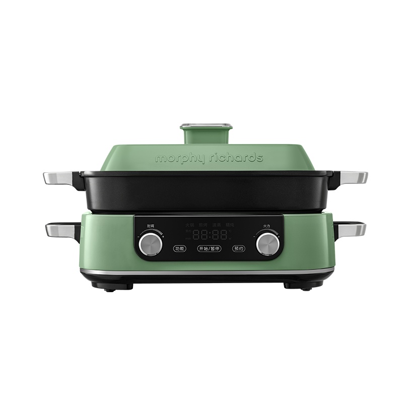 摩飞多功能锅二代分体电火锅家用烤肉涮煎蒸煮电热锅大容量升级触屏预约调时网红料理锅MR9099 清新绿(全盘)