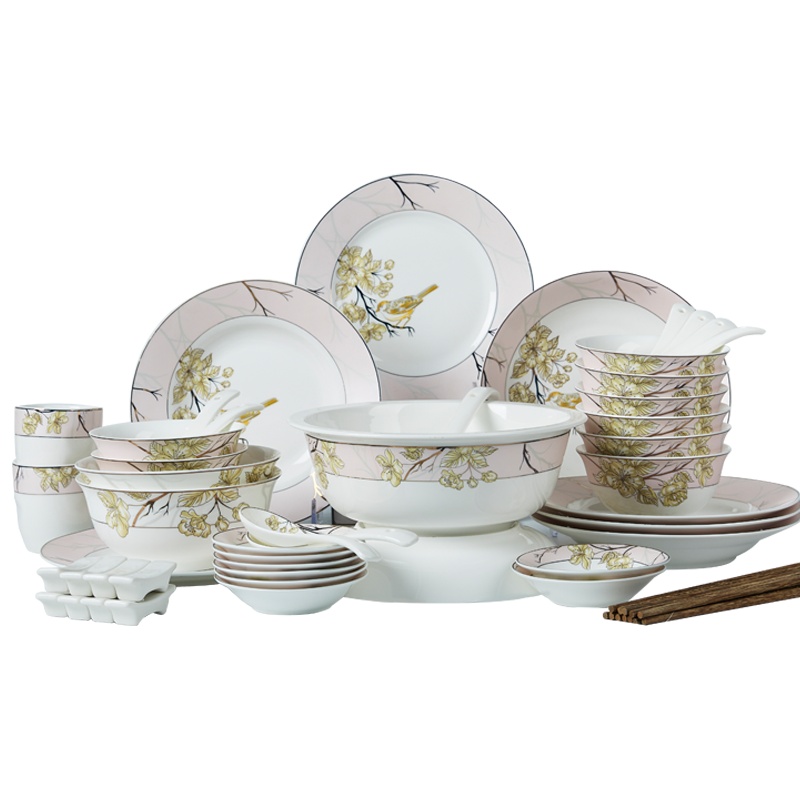 富昱景 欧式碗碟套装 家用景德镇陶瓷器餐具碗筷陶瓷吃饭碗盘子组合 58头空山鸟语